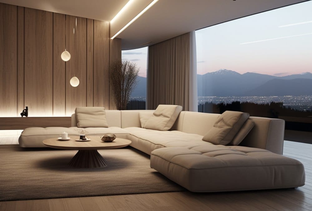 living room with L-shaped couch and large windows