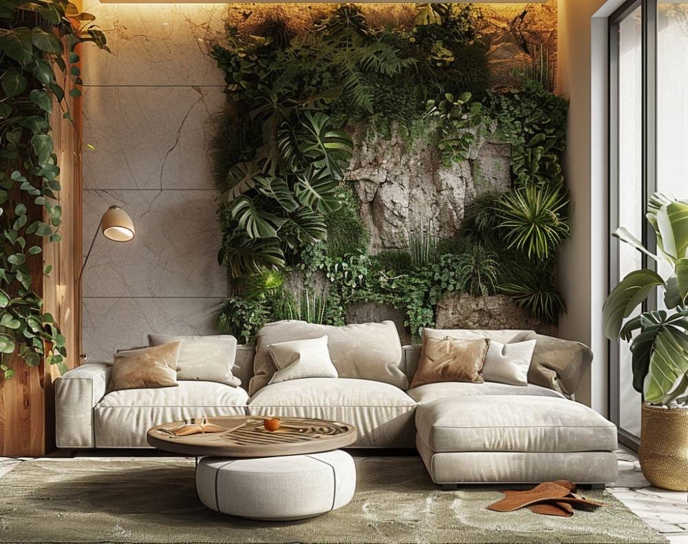 living room with a couch and a livign green wall and large windows