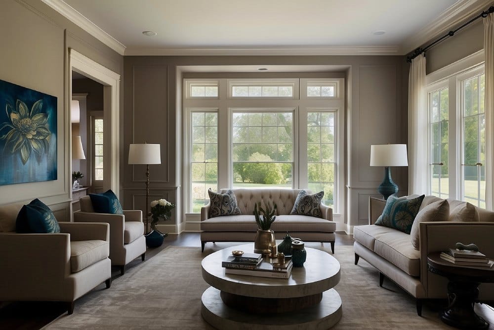 living room with two couches and two arm chairs arranged around a coffee table